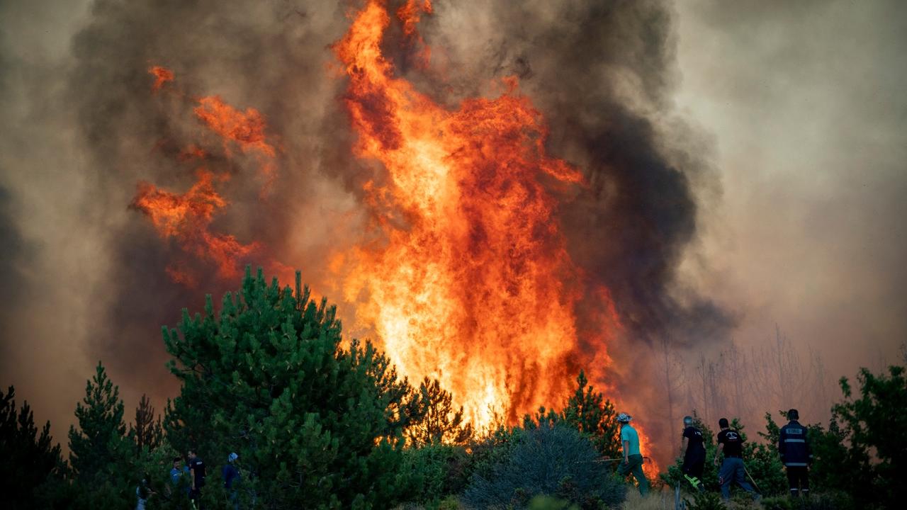 Freiwillige Helfer und Kräfte der Feuerwehr bekämpfen in Nordmazedonien einen Waldbrand. 
