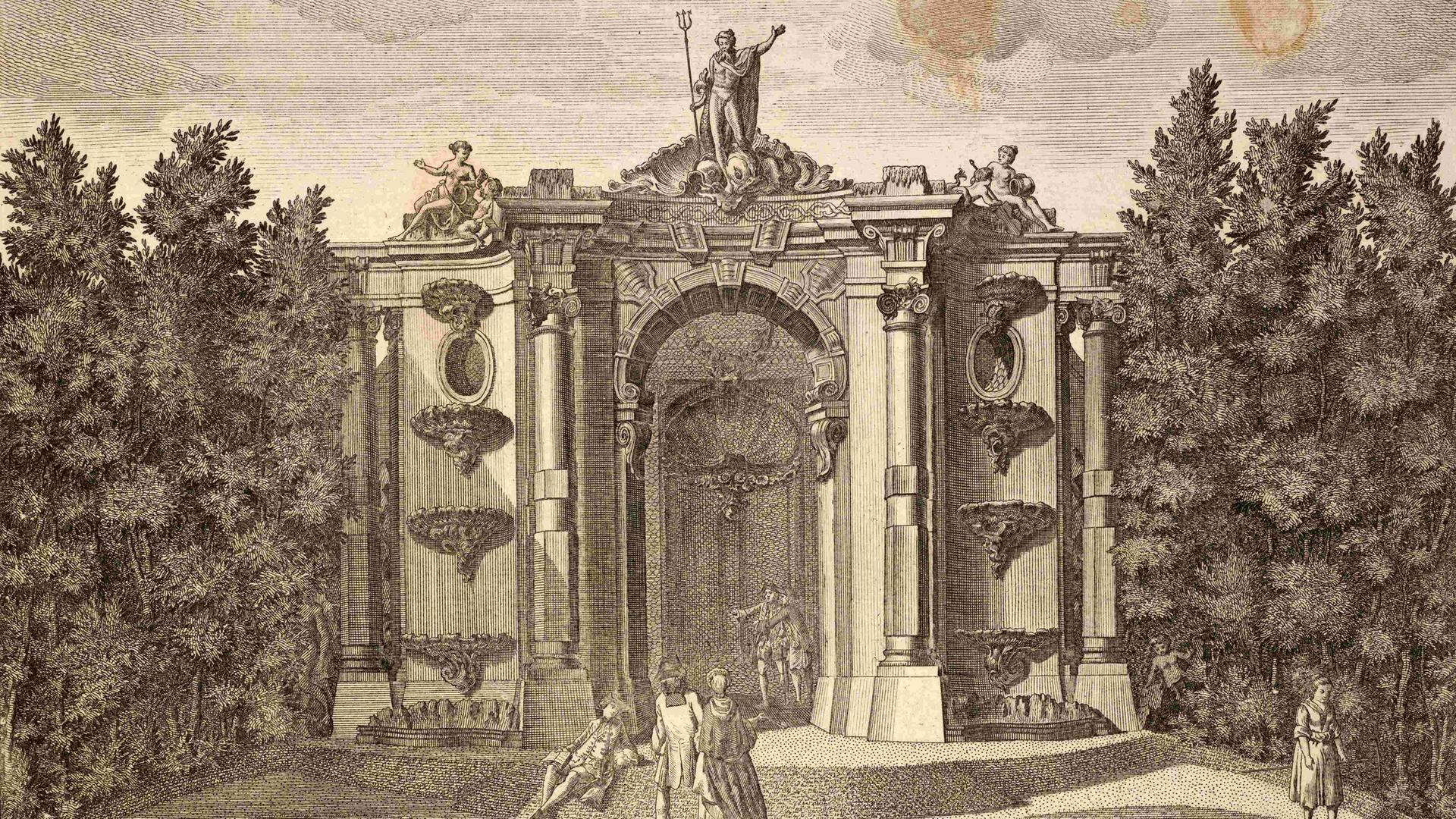 Grotte im königlichen Garten von Sanssouci in Potsdam, um 1880, digital restaurierte Reproduktion von einer Illustration aus dem 19. Jahrhundert, genaues Datum unbekannt.