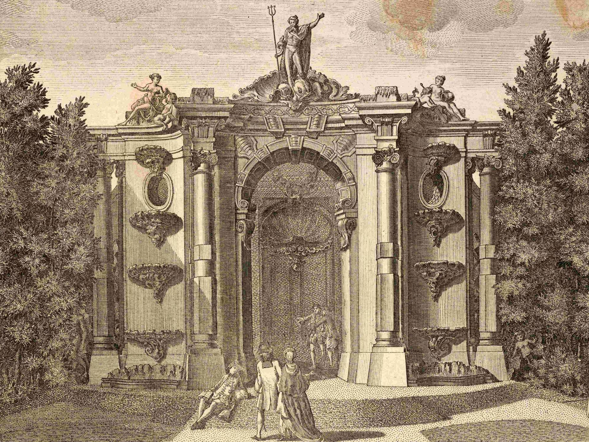 Grotte im königlichen Garten von Sanssouci in Potsdam, um 1880, digital restaurierte Reproduktion von einer Illustration aus dem 19. Jahrhundert, genaues Datum unbekannt.