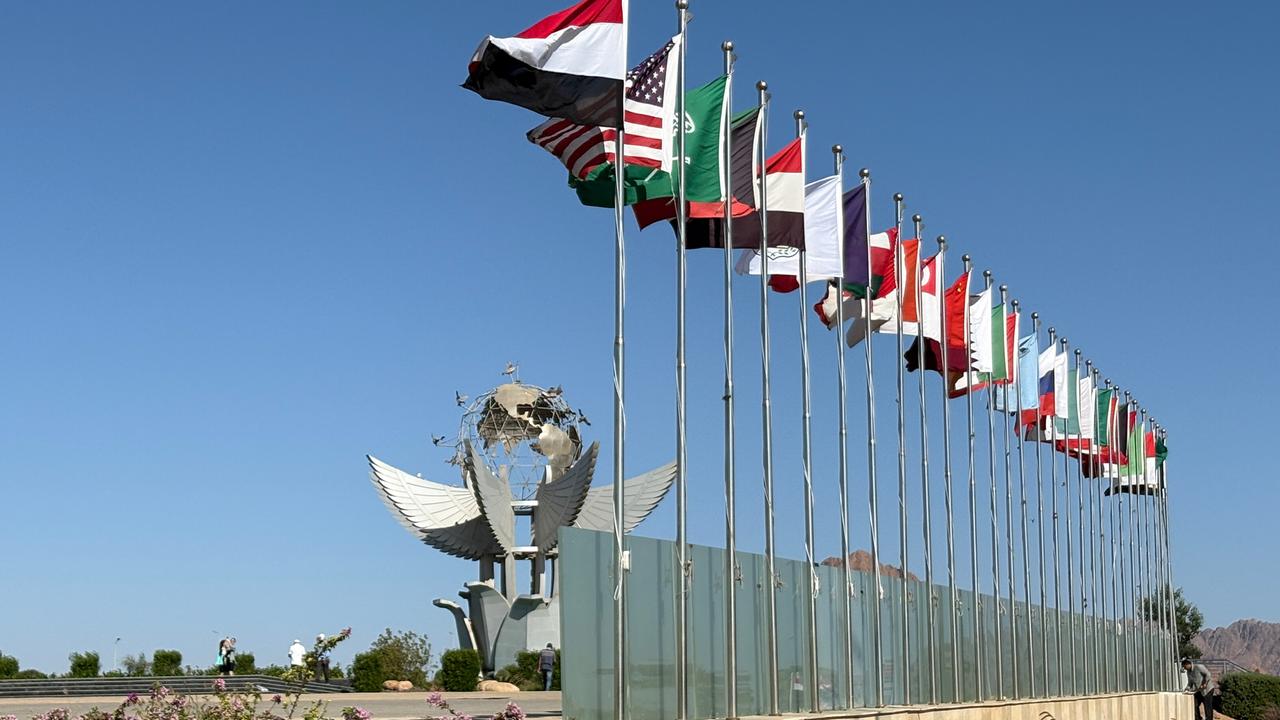 Die Flaggen der Staaten, die an der Unterzeichnung des Gaza-Abkommens teilnehmen, wehen im ägyptischen Küstenort Scharm el Scheich an einer Straße. Die Flaggen der Staaten, die an der Unterzeichnung des Gaza-Abkommens teilnehmen, wehen im ägyptischen Küstenort Scharm el Scheich an einer Straße.