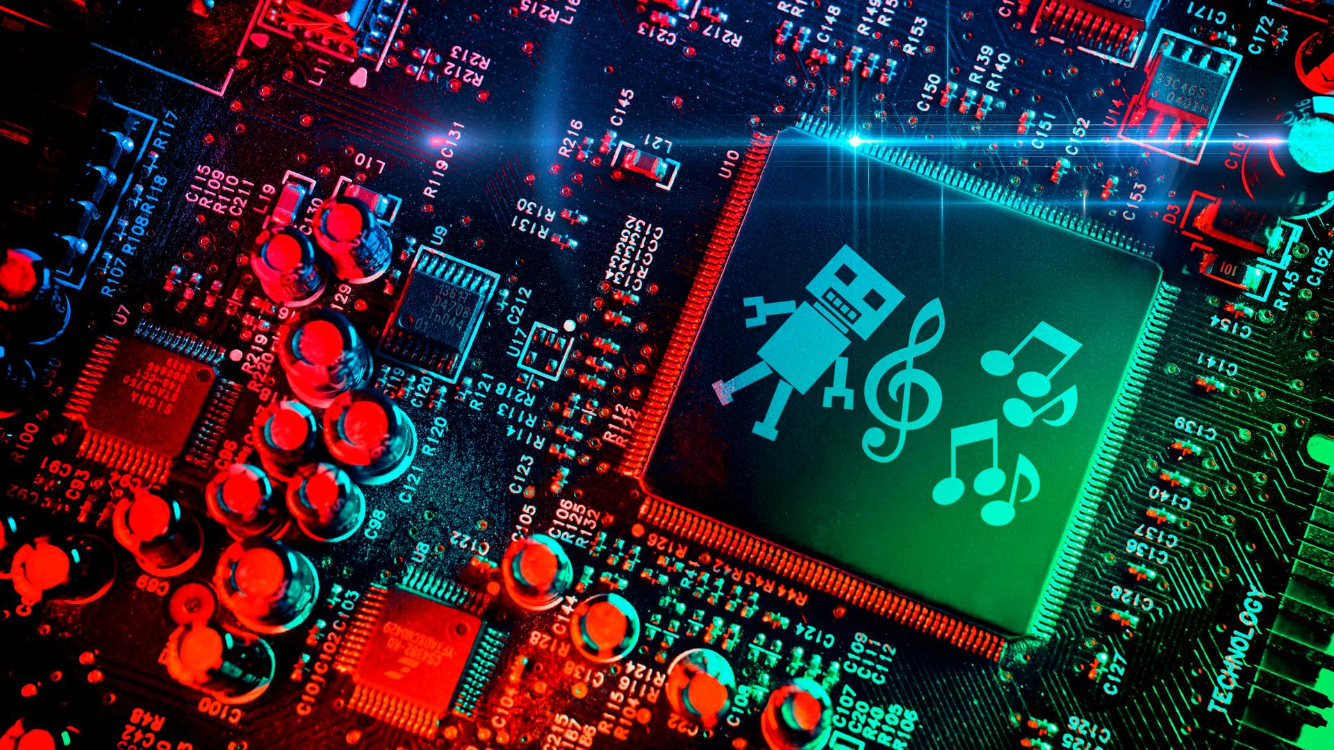 Zu sehen ist eine Foto-Montage: Ein Computer-Chip mit Roboterfigur, Noten und Noten-Schlüssel.