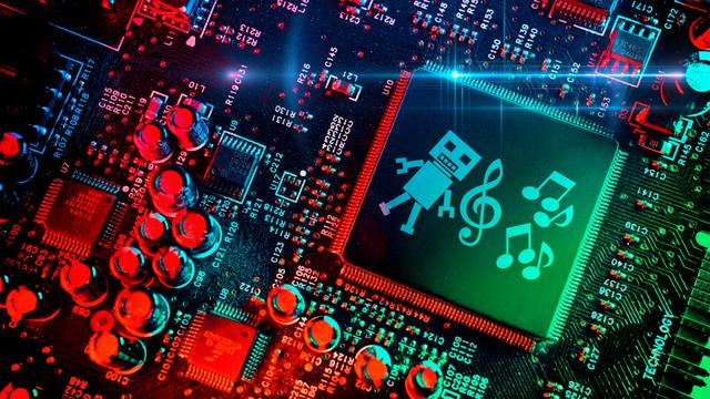 Zu sehen ist eine Foto-Montage: Ein Computer-Chip mit Roboterfigur, Noten und Noten-Schlüssel.