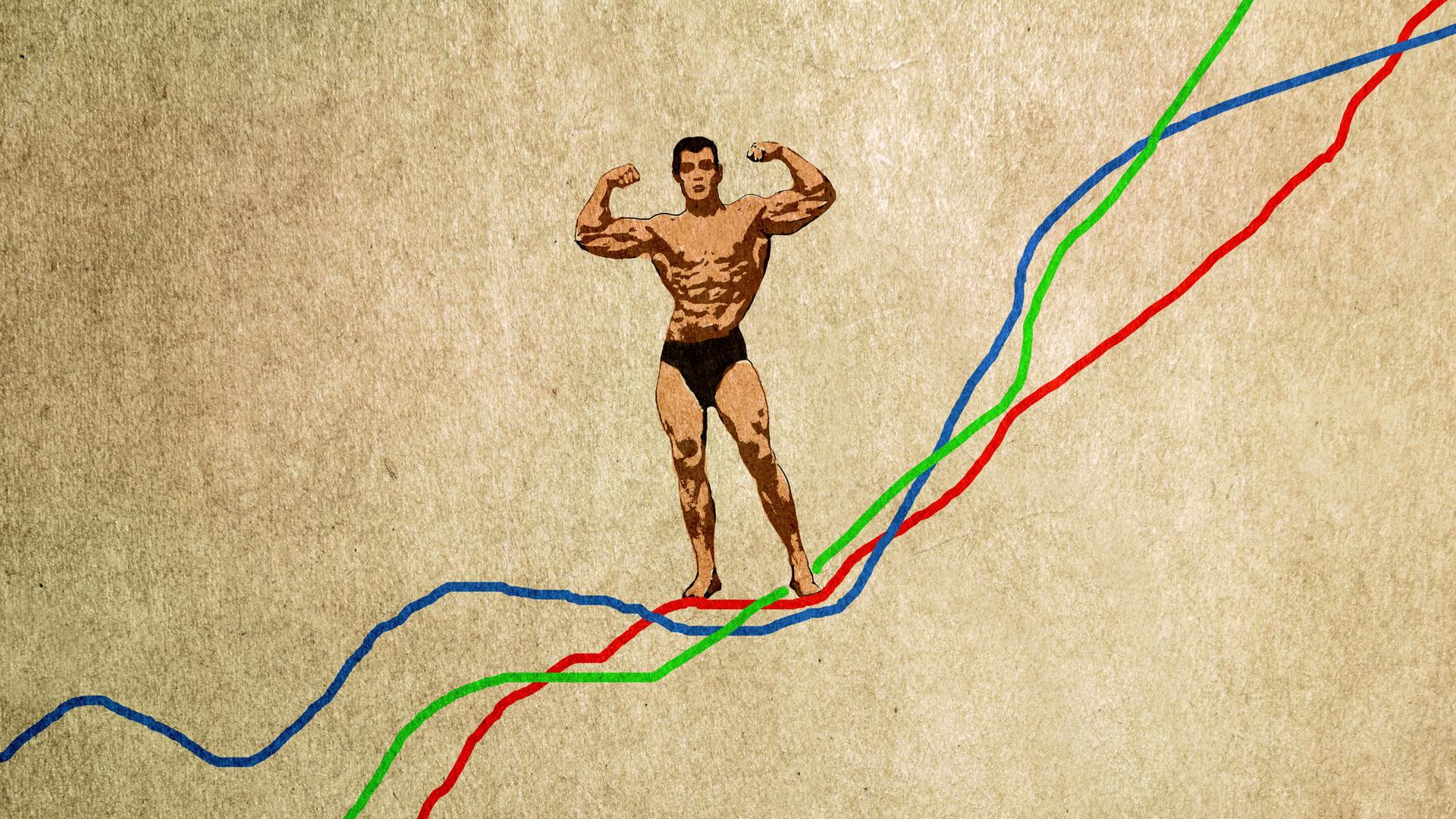 Zeichnung von einem Bodybuilder, der auf einem Liniendiagramm posiert.