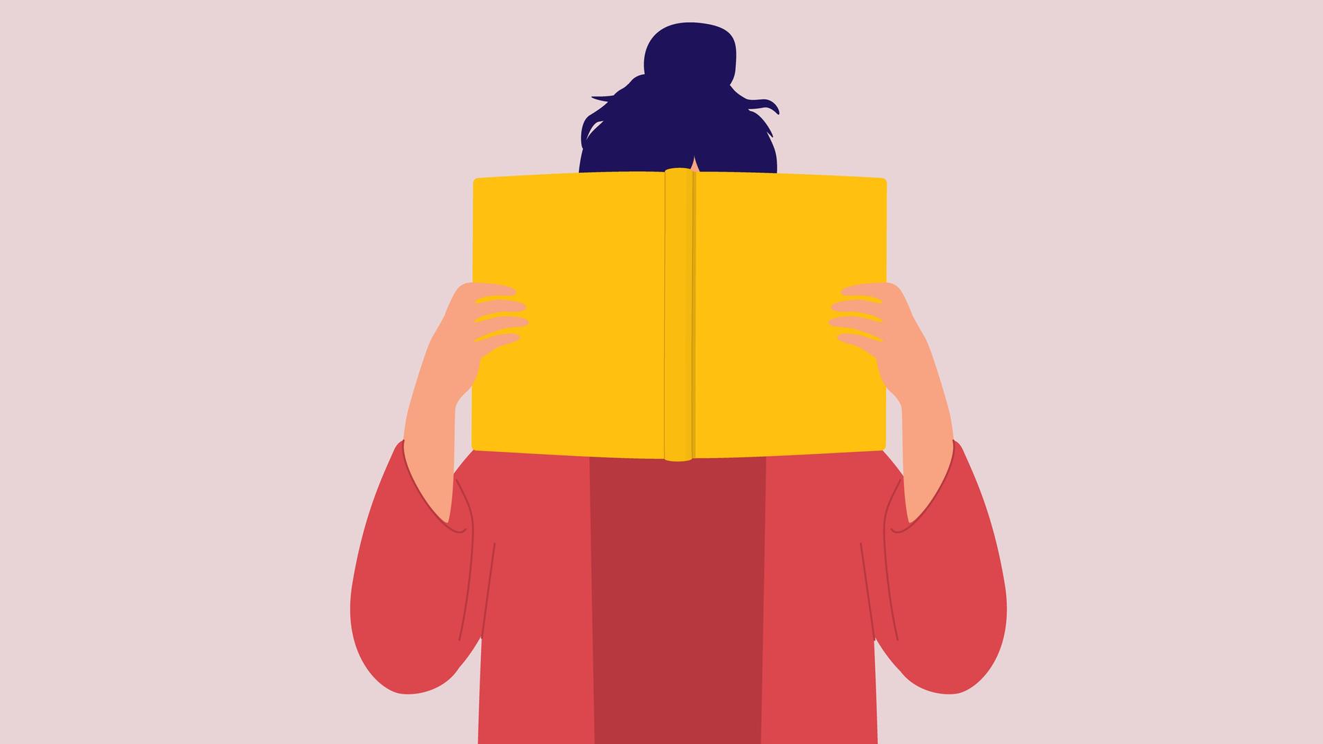 Illustration einer Frau, die ein gelbes Buch ohne Cover vor ihr Gesicht hält, sodass sie nicht zu erkennen ist
