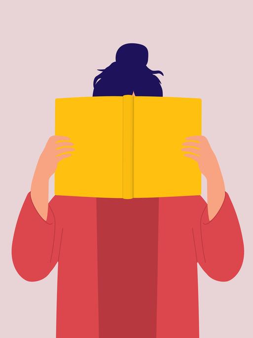 Illustration einer Frau, die ein gelbes Buch ohne Cover vor ihr Gesicht hält, sodass sie nicht zu erkennen ist