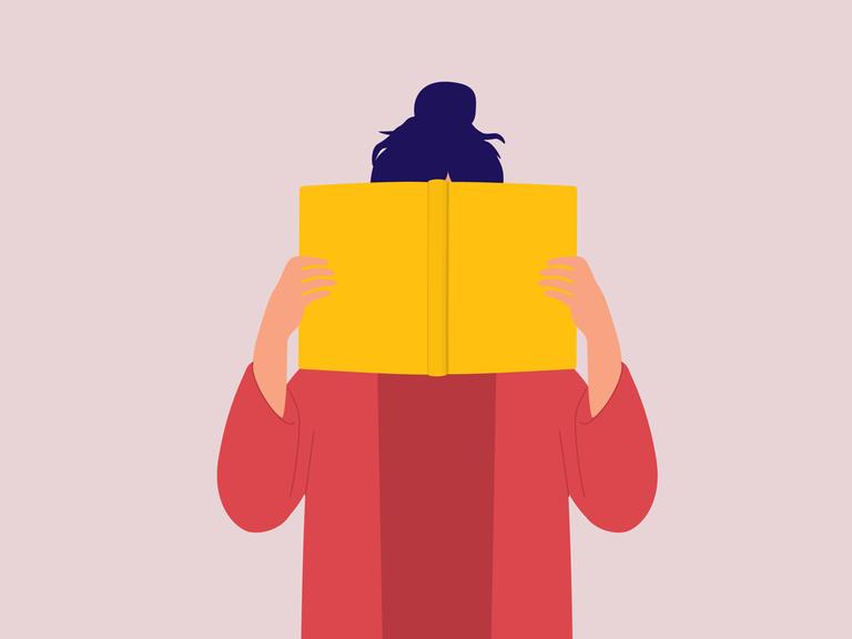 Illustration einer Frau, die ein gelbes Buch ohne Cover vor ihr Gesicht hält, sodass sie nicht zu erkennen ist