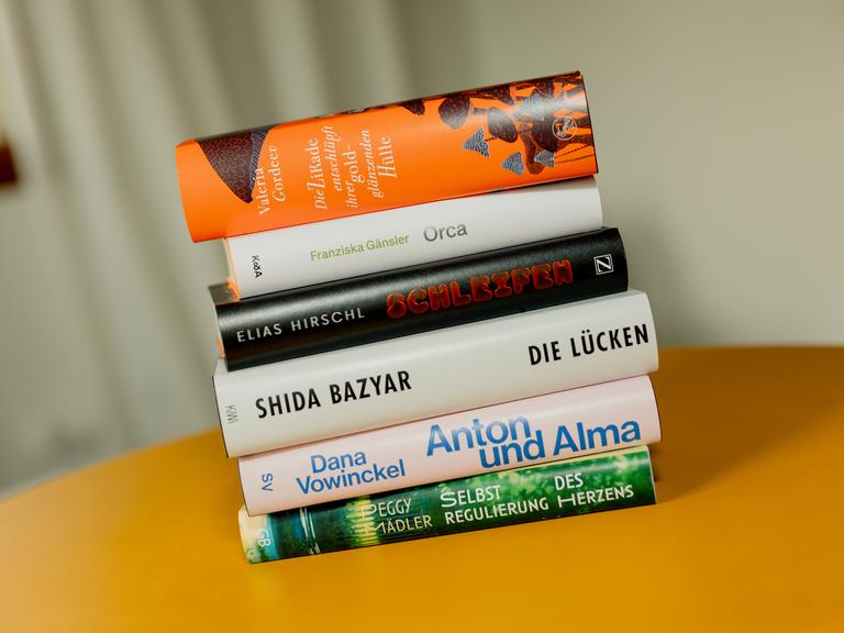Die Bücher, die es auf die Shortlist geschafft haben, liegen auf einem Stapel. Die Bücher, die es auf die Shortlist geschafft haben, liegen auf einem Stapel.
