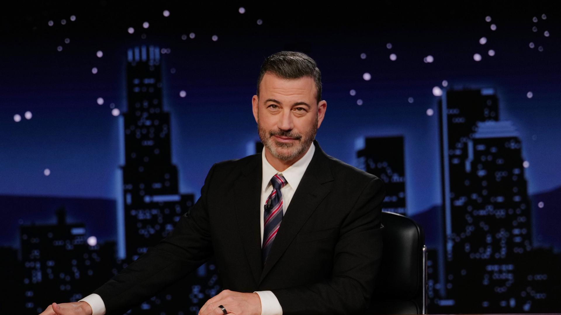 This image released by Disney shows Jimmy Kimmel hosting his late night show "Jimmy Kimmel Live!" in Los Angeles on Tuesday, Sept. 23, 2025. (Randy Holmes/Disney via AP)