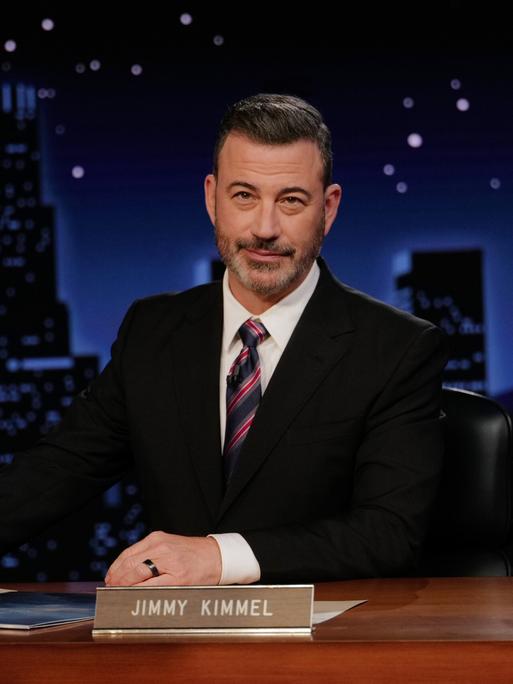 This image released by Disney shows Jimmy Kimmel hosting his late night show "Jimmy Kimmel Live!" in Los Angeles on Tuesday, Sept. 23, 2025. (Randy Holmes/Disney via AP)