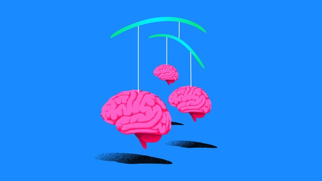 Die Illustration zeigt ein Mobile mit drei Gehirnen. Die Illustration zeigt ein Mobile mit drei Gehirnen.