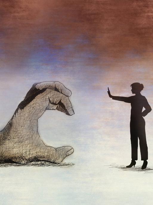 Die Illustration zeigt links eine greifende Hand und recht die Silhouette einer Frau, die mit ihrer Hand ein Stoppzeichen macht. 