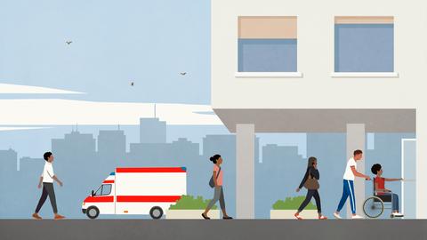 Illustration eines Krankenhauses mit einem Krankenwagen und Personen die ein und ausgehen davor.