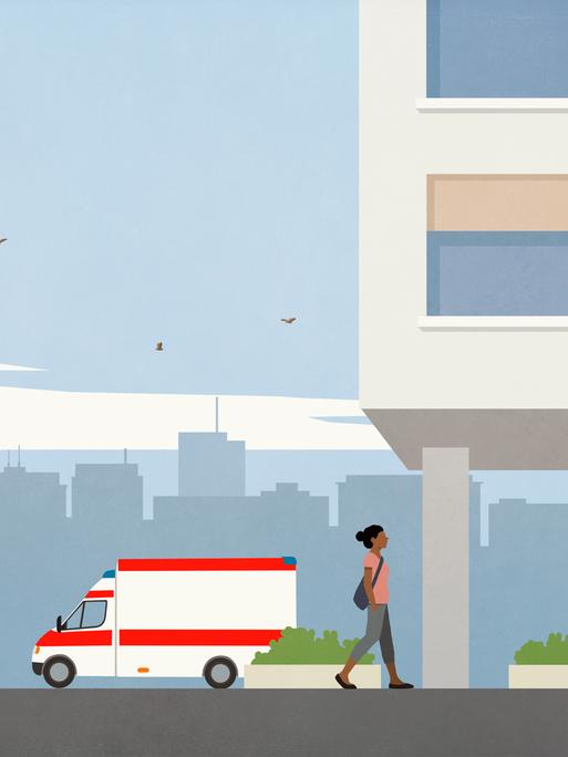 Illustration eines Krankenhauses mit einem Krankenwagen und Personen die ein und ausgehen davor.