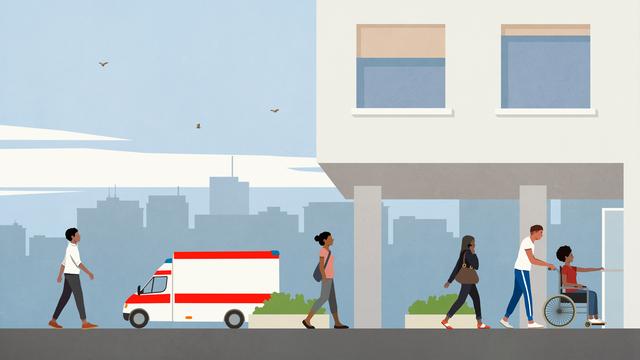 Illustration eines Krankenhauses mit einem Krankenwagen und Personen die ein und ausgehen davor.