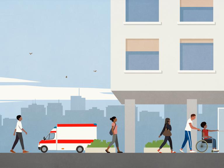 Illustration eines Krankenhauses mit einem Krankenwagen und Personen die ein und ausgehen davor.