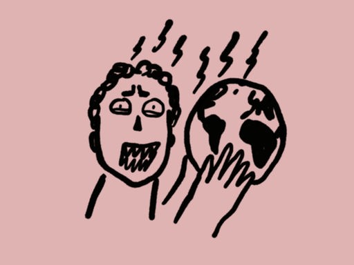 Skizze eines Kopfes mit entsetztem Gesichtsausdruck vor hautfarbenem Hintergrund, sowie Händen, die eine Weltkugel halten Skizze eines Kopfes mit entsetztem Gesichtsausdruck vor hautfarbenem Hintergrund, sowie Händen, die eine Weltkugel halten