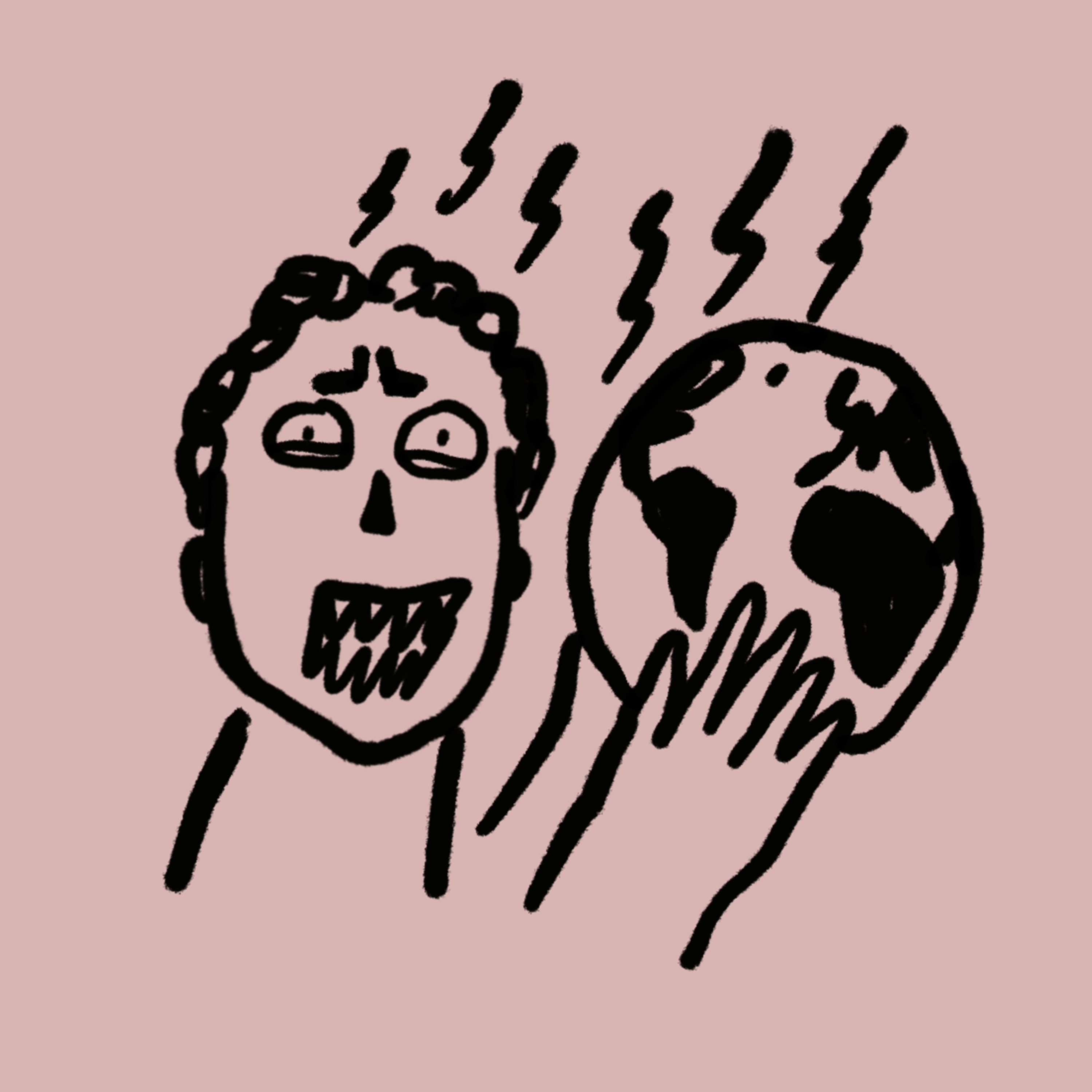 Skizze eines Kopfes mit entsetztem Gesichtsausdruck vor hautfarbenem Hintergrund, sowie Händen, die eine Weltkugel halten 