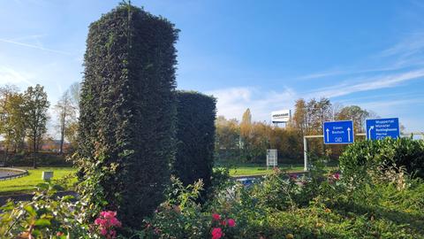 Direkt an einer Autobahnausfahrt befindet sich Hecken und Blumensträucher.  