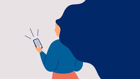 Illustration: Eine junge Frau surft mit ihrem Smartphone im Internet