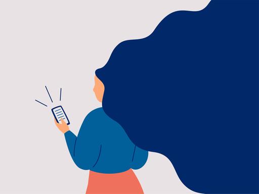 Illustration: Eine junge Frau surft mit ihrem Smartphone im Internet