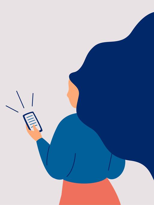 Illustration: Eine junge Frau surft mit ihrem Smartphone im Internet