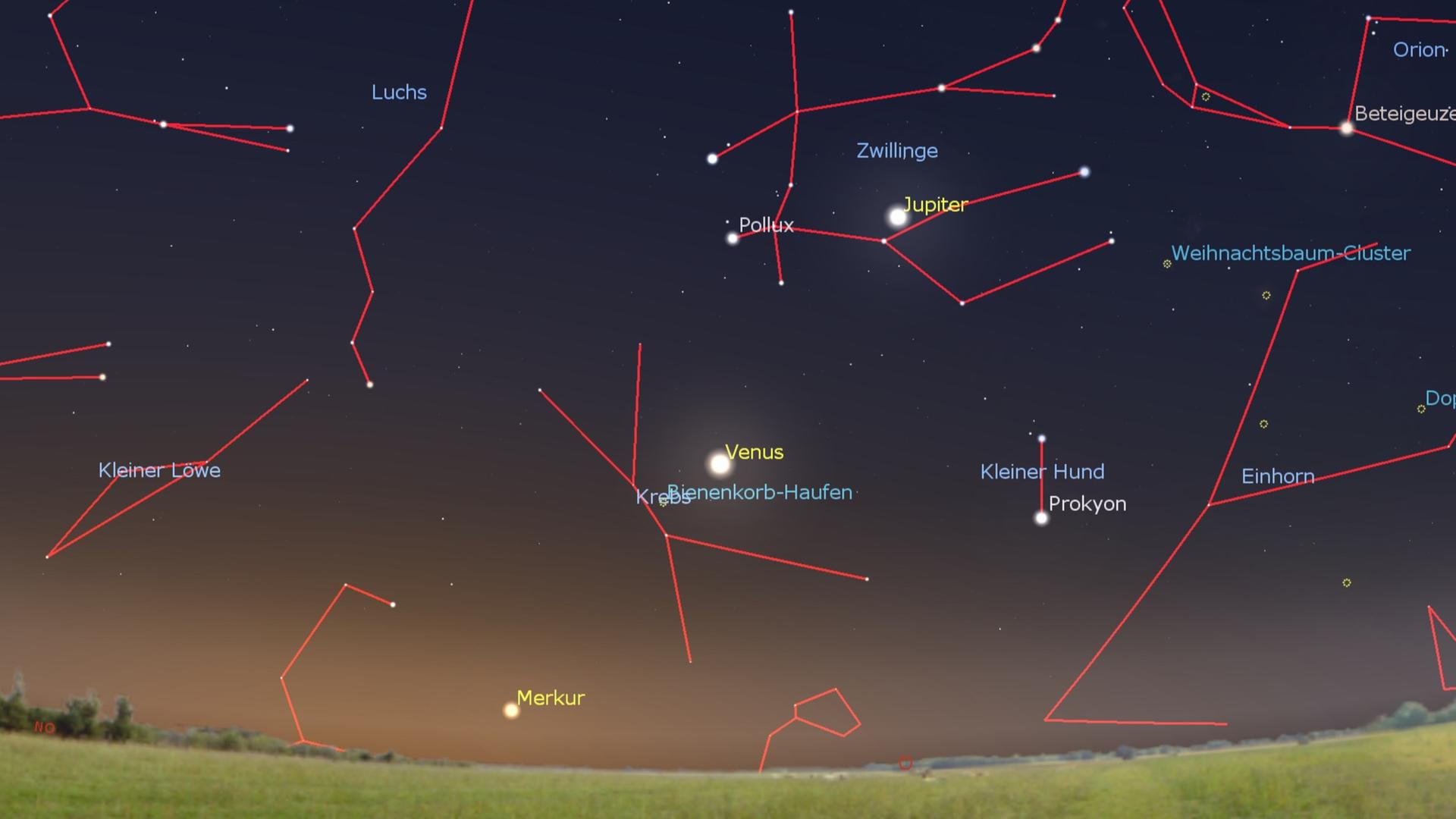 Sternenhimmel, bei dem Sternbilder nachgezeichnet und beschriftetet sind. Farblich hervorgehoben sind Jupiter, Venus und Merkur. Sternenhimmel, bei dem Sternbilder nachgezeichnet und beschriftetet sind. Farblich hervorgehoben sind Jupiter, Venus und Merkur.