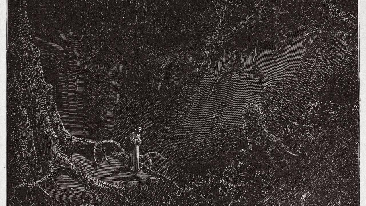 Dantes Aufstieg wird von einem Löwen behindert - Illustration von Gustave Doré, ca. 1890