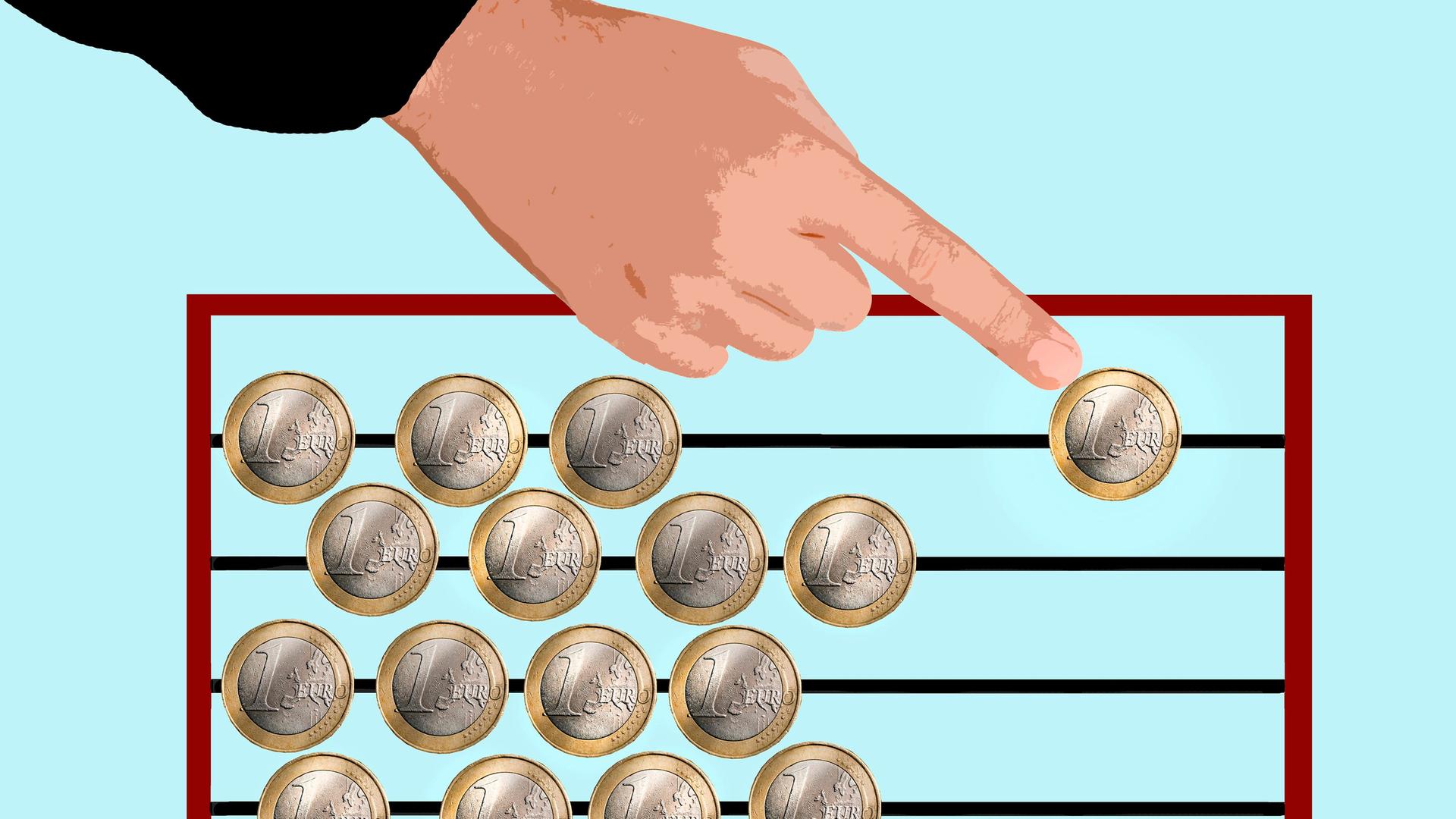 Eine Illustration zeigt eine Hand, die einen Schieberegler voller Euromünzen bedient. Eine Illustration zeigt eine Hand, die einen Schieberegler voller Euromünzen bedient.