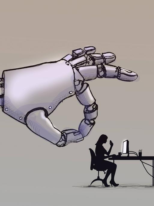 Illustration: Eine Roboterhand schnipst eine Person die vor einem Computer am Schreibtisch sitzt weg.