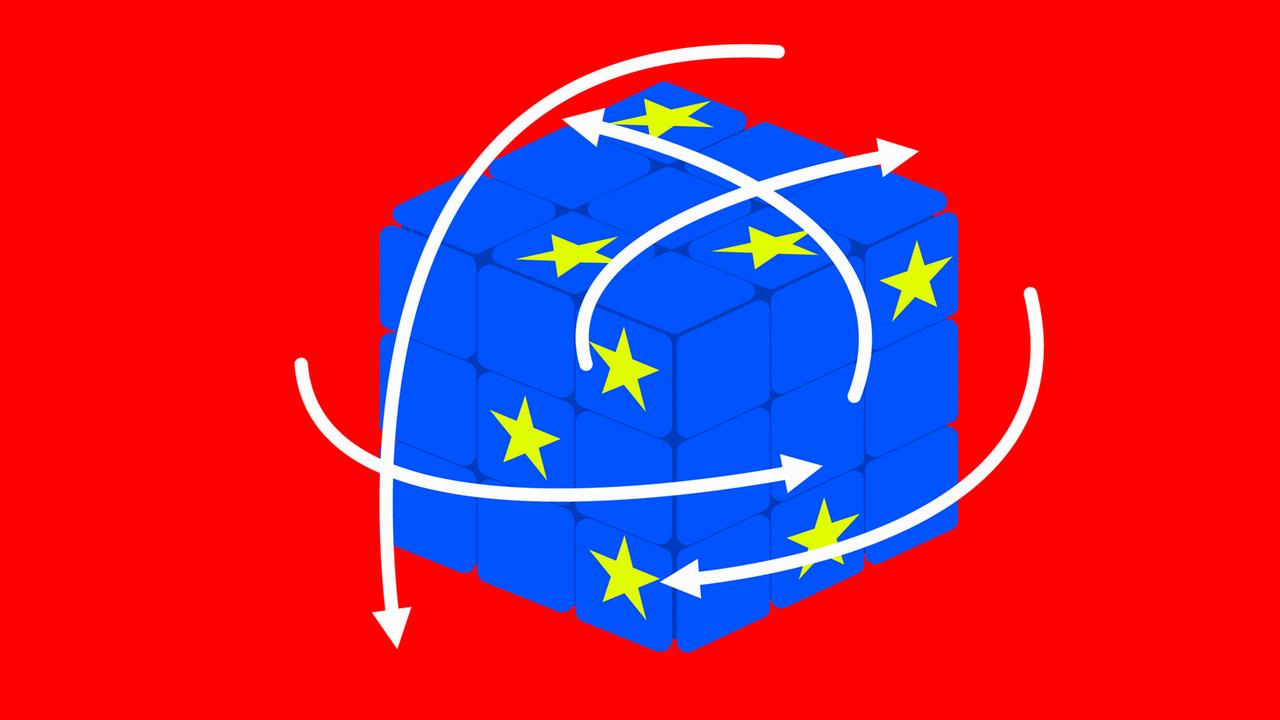 Illustration: Ein blauber Zauberwürfel mit den gelben Sternen der Europäischen Union. Illustration: Ein blauber Zauberwürfel mit den gelben Sternen der Europäischen Union.