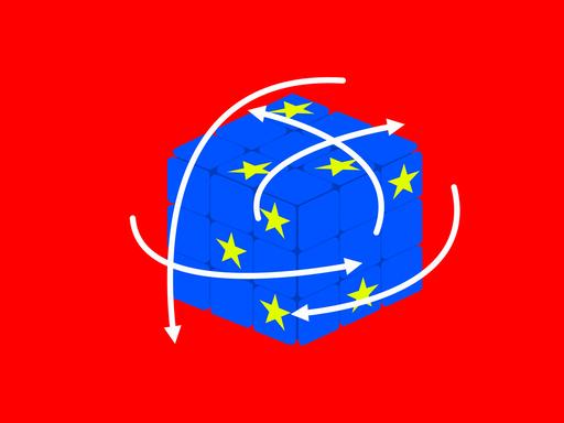 Illustration: Ein blauber Zauberwürfel mit den gelben Sternen der Europäischen Union. Illustration: Ein blauber Zauberwürfel mit den gelben Sternen der Europäischen Union.