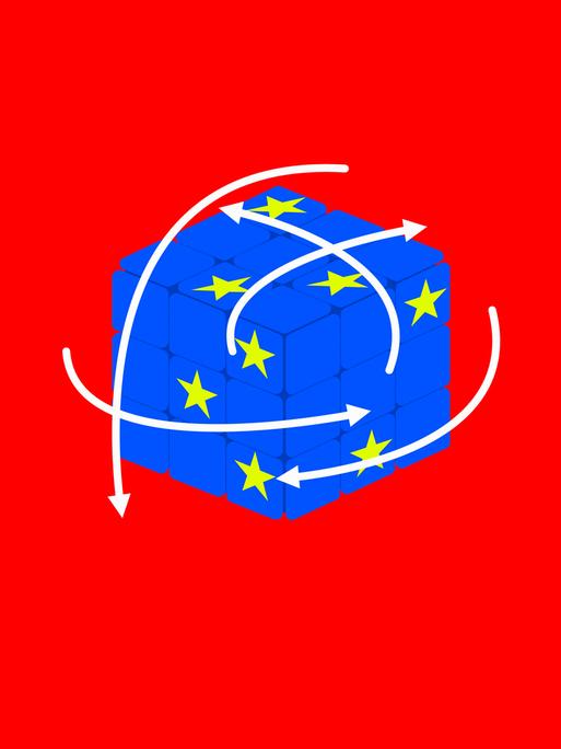 Illustration: Ein blauber Zauberwürfel mit den gelben Sternen der Europäischen Union.