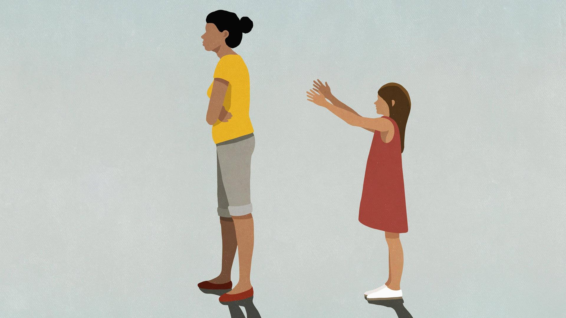 Illustration: Eine Frau wendet sich mit verschränkten Armen von einem Mädchen ab, das seine Arme nach ihr ausstreckt. Illustration: Eine Frau wendet sich mit verschränkten Armen von einem Mädchen ab, das seine Arme nach ihr ausstreckt.