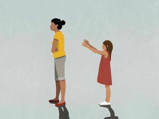 Illustration: Eine Frau wendet sich mit verschränkten Armen von einem Mädchen ab, das seine Arme nach ihr ausstreckt.