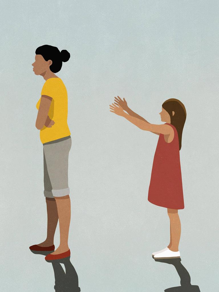Illustration: Eine Frau wendet sich mit verschränkten Armen von einem Mädchen ab, das seine Arme nach ihr ausstreckt.