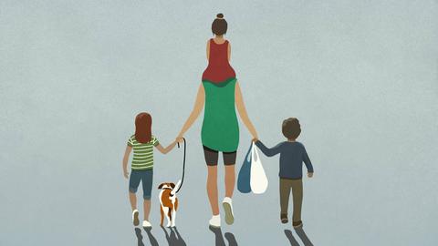 Grafische Darstellung: Eine Familie läuf mit Einkäufen eine Straße entlang.