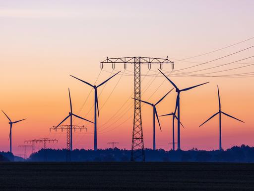 Vor einem orangenen Sonnenuntergang stehen mehrere Windräder und Stromleitungen.
Vor einem orangenen Sonnenuntergang stehen mehrere Windräder und Stromleitungen.