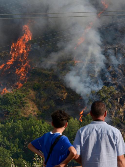 Zwei Personen blicken auf einen brennenden bewaldeten Berghang. Zwischen grünen Bäumen schlagen an mehreren Stellen hohe orangefarbene Flammen empor. Dichte graue Rauchschwaden ziehen über den Hang, mehrere Stromleitungen verlaufen durch das Bild.