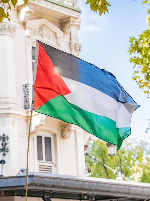 Eine Flagge Palästinas weht in einer Straße in Lyon.
