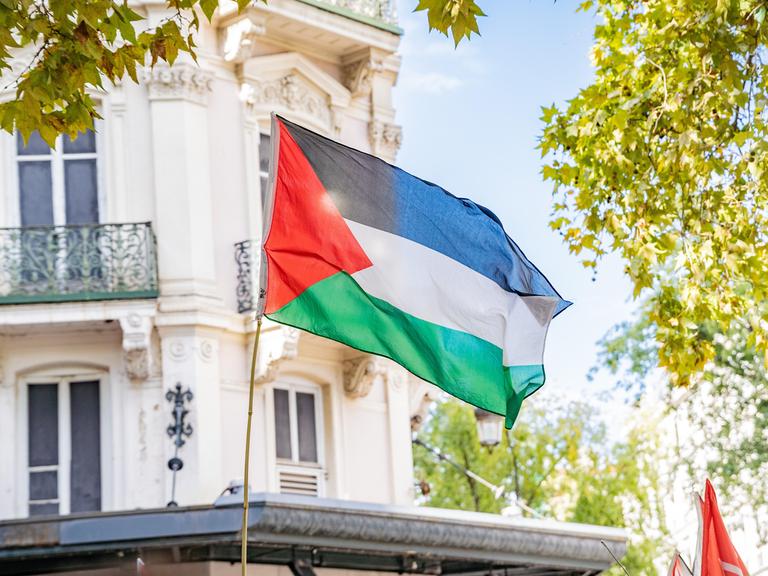 Eine Flagge Palästinas weht in einer Straße in Lyon.