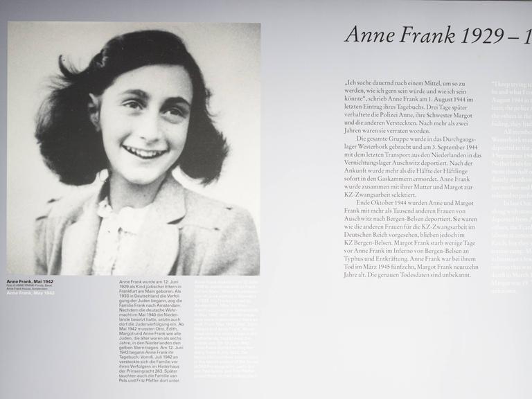Infotafel und Porträt von Anne Frank in der Gedenkstätte Bergen-Belsen.