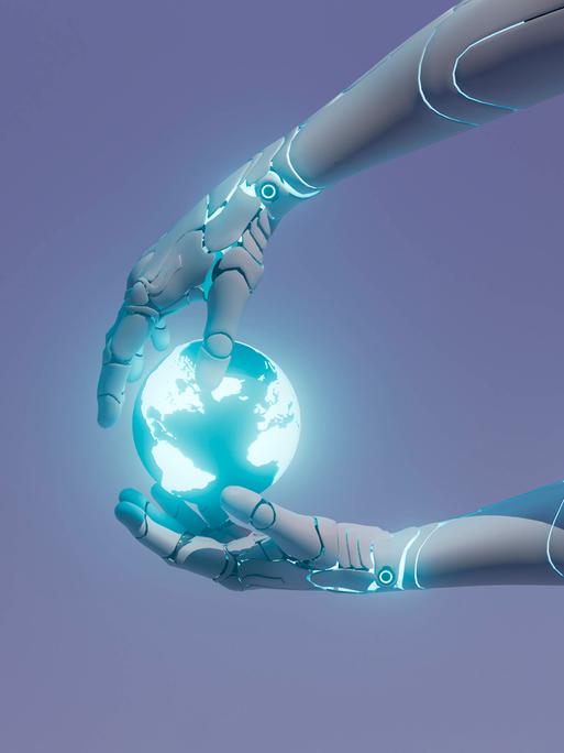 Three dimensional render of robotic arms holding glowing planet Earth, GCAF00404