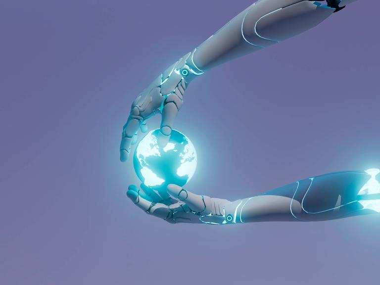 Three dimensional render of robotic arms holding glowing planet Earth, GCAF00404