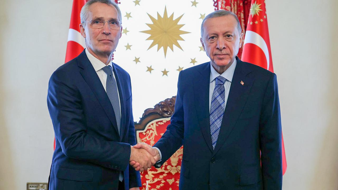 Recep Tayyip Erdogan und NATO-Generalsekretär Jens Stoltenberg geben sich die Hand und blicken in die Kamera.