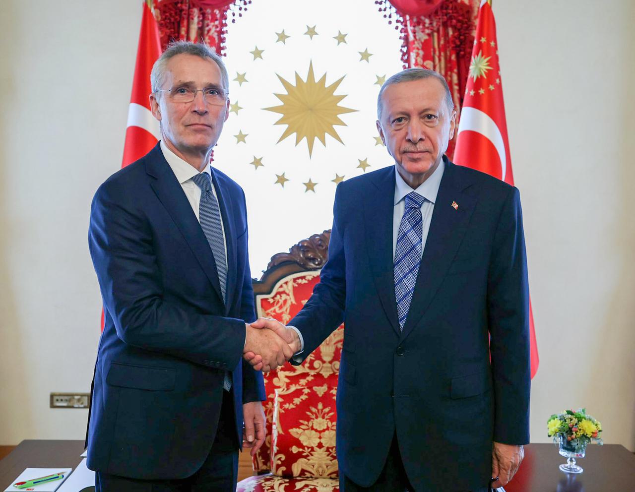 Recep Tayyip Erdogan, Präsident der Türkei, und NATO-Generalsekretär Jens Stoltenberg geben sich die Hand und blicken in die Kamera.