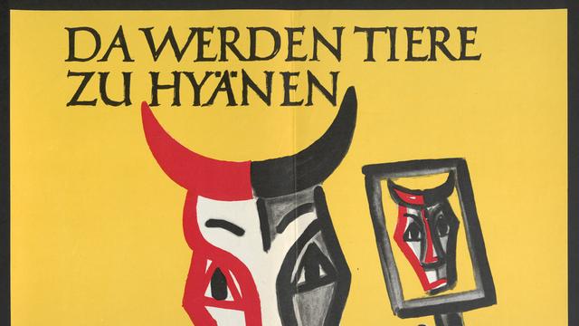 RIAS-Plakat von 1948, abgebildet ist eine teuflisch anmutende Figur mit Hörnern, dazu die Aufschrift "Da werden Tiere zu Hyänen: Ein getanztes Hörspiel von Günter Neumann"