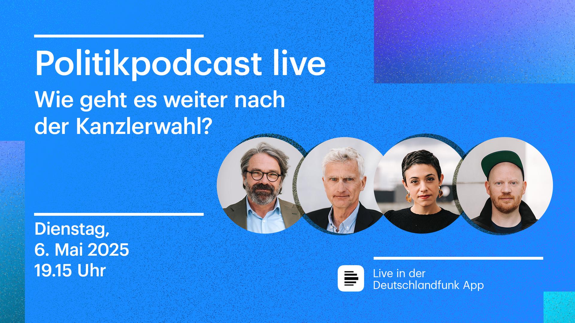 Illustration des Deutschlandfunks, vor blauem Hintergrund mit den Gesichtern der Gesprächsteilnehmer Stephan Detjen, Frank Capellan, Katharina Hamberger und Moritz Metz.