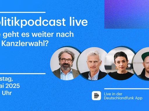 Illustration des Deutschlandfunks, vor blauem Hintergrund mit den Gesichtern der Gesprächsteilnehmer Stephan Detjen, Frank Capellan, Katharina Hamberger und Moritz Metz.