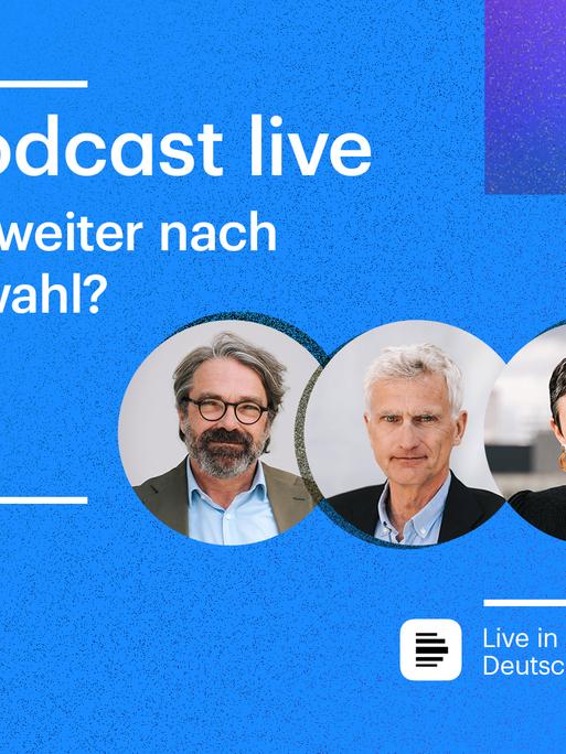 Illustration des Deutschlandfunks, vor blauem Hintergrund mit den Gesichtern der Gesprächsteilnehmer Stephan Detjen, Frank Capellan, Katharina Hamberger und Moritz Metz.