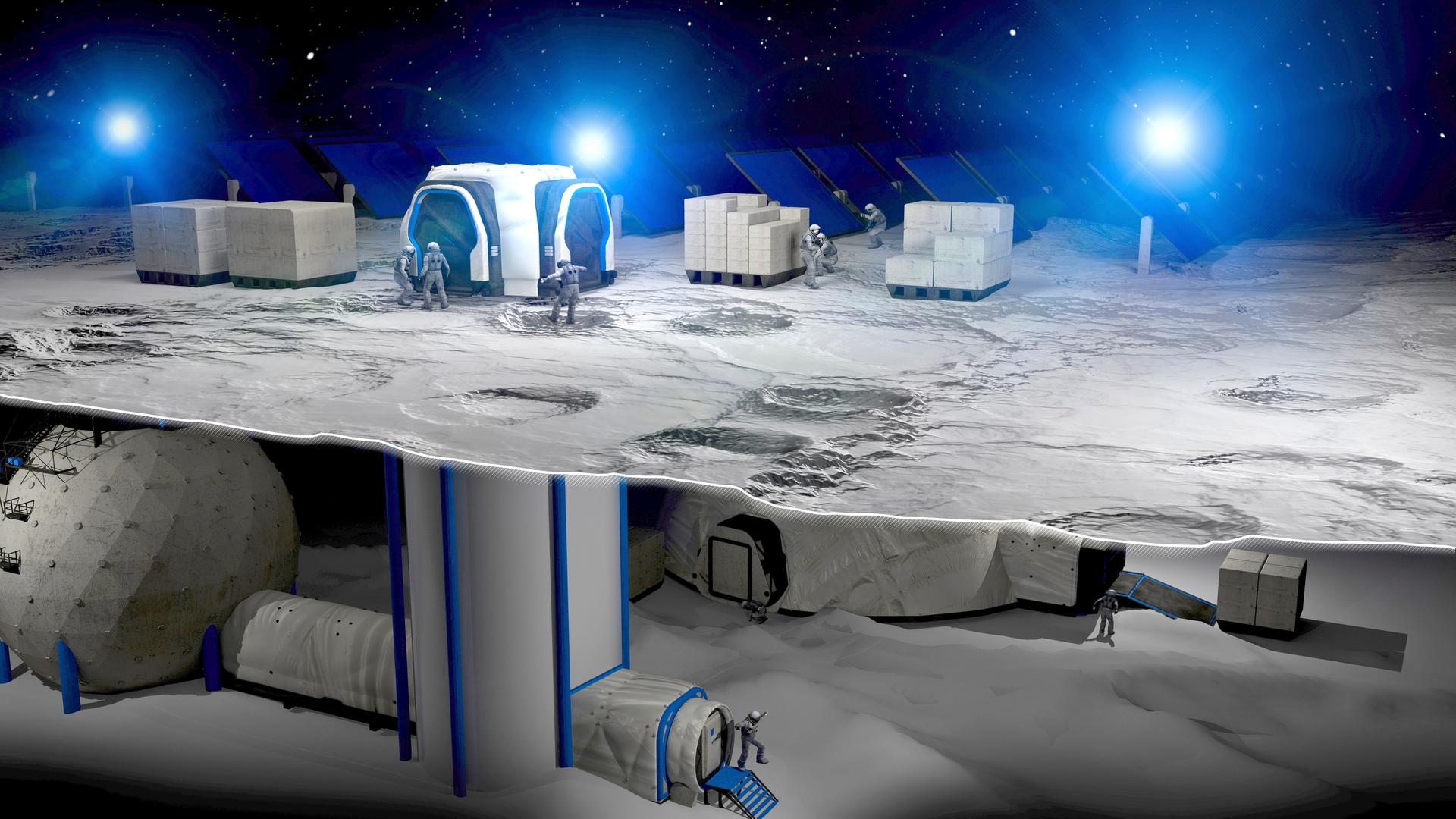 Eine Illustration einer zukünftigen Mondbasis, die sich auf der Mondoberfläche und darunter befindet.